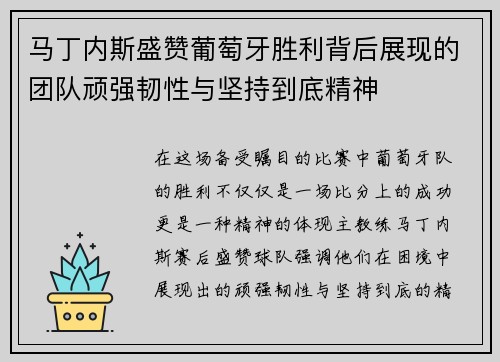 马丁内斯盛赞葡萄牙胜利背后展现的团队顽强韧性与坚持到底精神