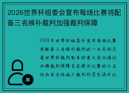 2026世界杯组委会宣布每场比赛将配备三名候补裁判加强裁判保障