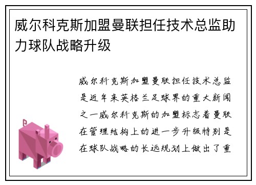 威尔科克斯加盟曼联担任技术总监助力球队战略升级